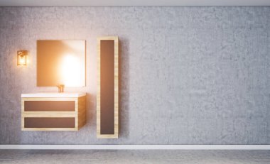 Dokulu beton duvara sahip modern banyo. Sisli ayna. Furni