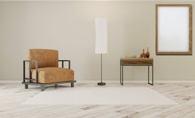 Minimalizm tarzında oturma odası. Koltuk ve nightst