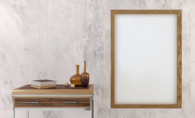 bekleme odası. çıplak beton duvarlar. Doğal ahşap bir göğüs