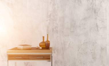 bekleme odası. çıplak beton duvarlar. Doğal ahşap bir göğüs