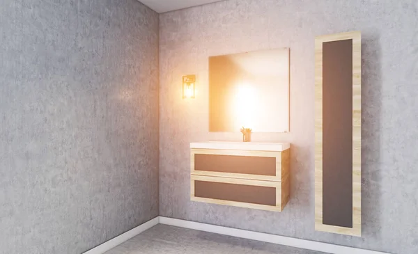 Banheiro moderno com parede de concreto texturizado. Espelho nebuloso. Furni — Fotografia de Stock