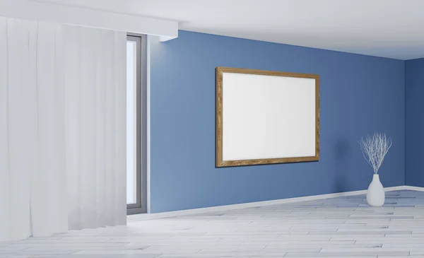 Interior vacío con paredes azules y gran ventana. florero decorativo —  Fotos de Stock