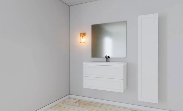 Łazienka w minimalistycznym stylu. pokoju w odcieniach szarości. mgliste lustro — Zdjęcie stockowe