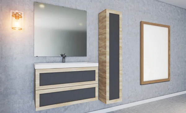 Moderne badkamer met getextureerde betonnen wand. mistige spiegel. Meubi — Stockfoto