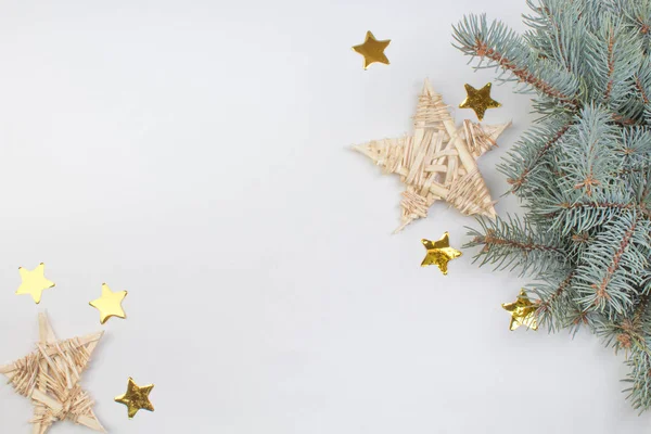 Composição Natal Com Ramos Abeto Estrelas Decorativas Vista Superior — Fotografia de Stock