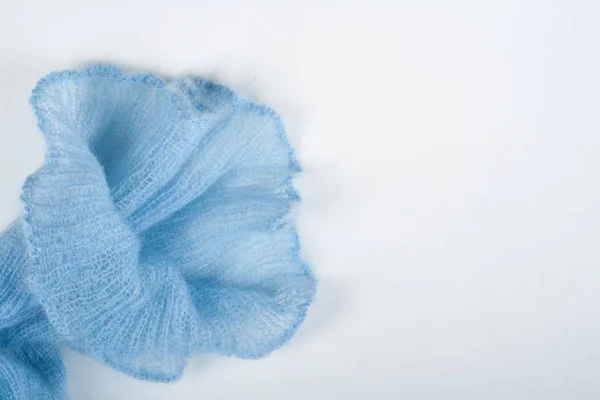 Knitting Mohair Wool Knitting Needles Handmade Wooden Table Blue Flower — Stock Photo, Image