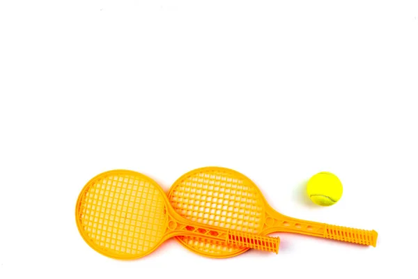 Tennis Rackets Ball Isolated White Top View Copy Space — Stock Photo, Image