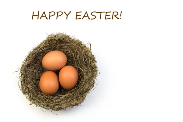 Happy Easter Top View Nest Three Whole Brown Eggs Isolated — Stock Photo, Image