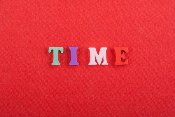 Time Word Red Background Composed Colorful Abc Alphabet Block Wooden — Stock Photo, Image