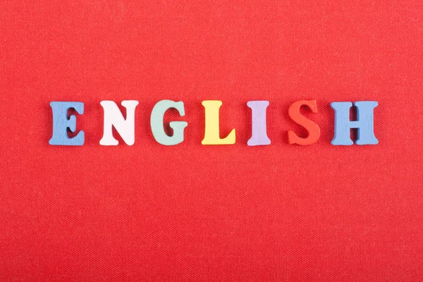 Parola Inglese Sfondo Rosso Composto Colorati Alfabeto Abc Blocco Lettere — Foto Stock