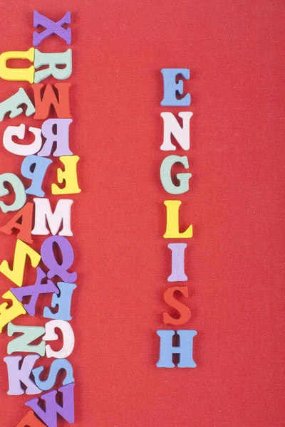 English Word Red Background Composed Colorful Abc Alphabet Block Wooden — Stock Photo, Image