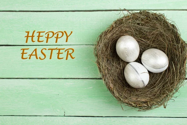 Happy Easter Top View Nest Painted Eggs Wooden Table Copy — Stock Photo, Image