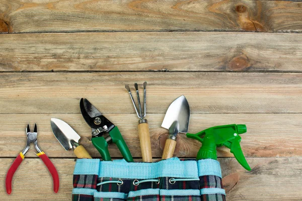 Composición Con Flores Herramientas Jardinería Sobre Fondo Madera Con Espacio — Foto de Stock