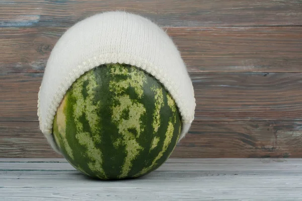 Tasty Watermelon Knitted Cap Brown Wooden Background Frozen — Stock Photo, Image