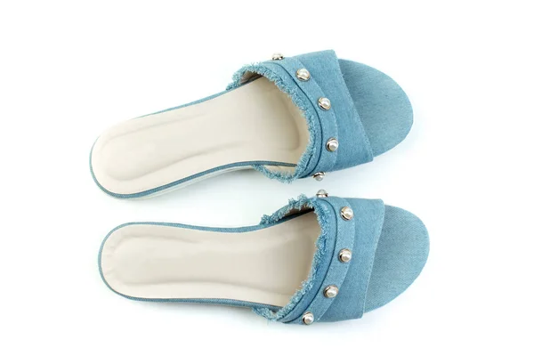 Modré Džínové Pantofle Izolovaných Bílém Pozadí — Stock fotografie