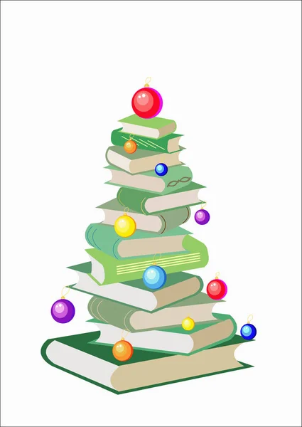 Vector Christmas tree made from colorful books. Decorated with balls. Isolated white background. Cartoon x-mas illustration. Cute bright pile of books. Home library. Happy education. — Stock Photo, Image