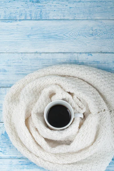 Top View Image White Cozy Knitted Sweater Cup Coffee Wooden — Stock Photo, Image