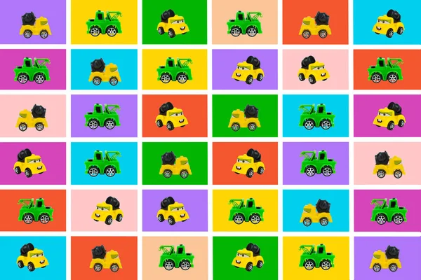 Bunte Sammlung von Retro-Spielzeugauto-Modell mit Seitenansicht auf buntem Hintergrund. grün, rot, blau, gelb. Reisen, Collage-Druck. — Stockfoto
