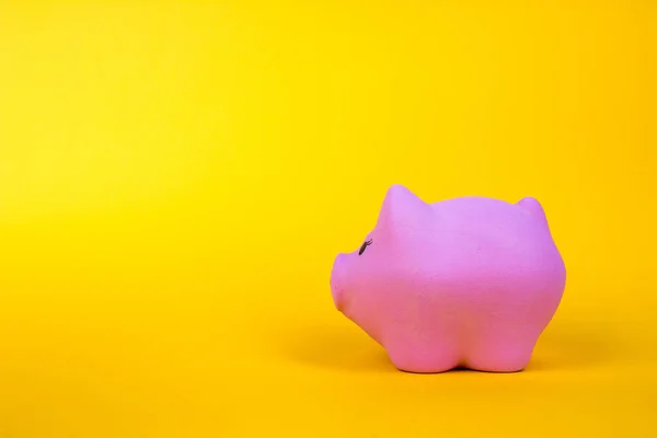 New Years pig. Pink pig on a gold, yellow background with copy space. finance concept