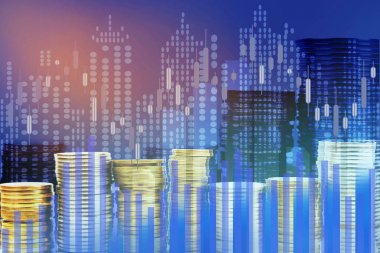 Şehir, Borsa ve finans ve bankacılık, yatırımlar, ticaret, grafik, Dijital ekonomi kavramı için sikke satırları grafik çift pozlama.