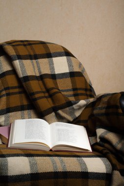Örgü Battaniye, İngilizce ile sandalyeye açık kitap.