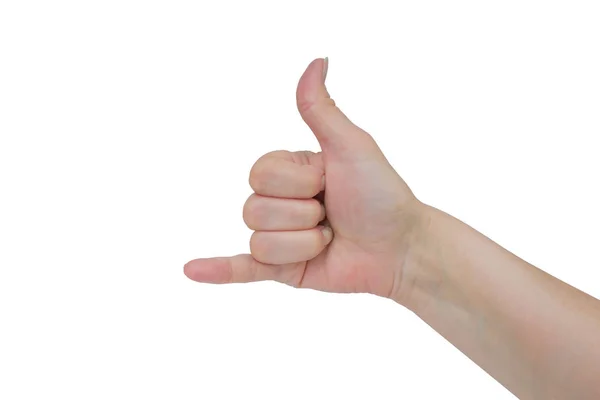 Teckenspråk, hand visar tecken på Y alfabetet, symbol: telefonsamtal,, dricka alkohol gest på en vit bakgrund. — Stockfoto