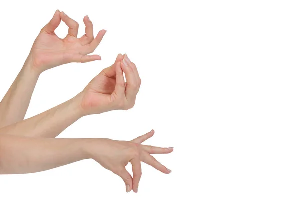 Woman hand showing Hamsasyo hasta hand gesture, also called mudra, meaning Swan beak , Mukula hasta meaning lily. of indian classic dance Bharata Natyam, Kuchipudi and Odissi. isolated on white . — ストック写真