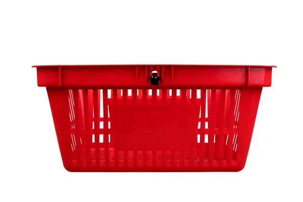Vazio cesta de compras de plástico vermelho isolado no fundo branco . — Fotografia de Stock