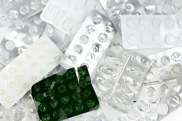 Συσκευασίες Blister Από Χάπια Λευκό Φόντο Άδειος Μακάριος Κυψέλη Δισκίων — Φωτογραφία Αρχείου