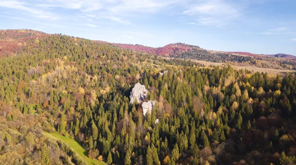 Mountines Las Skały Krajobraz Kolory Jesieni Widok Lotu Ptaka Drone — Zdjęcie stockowe