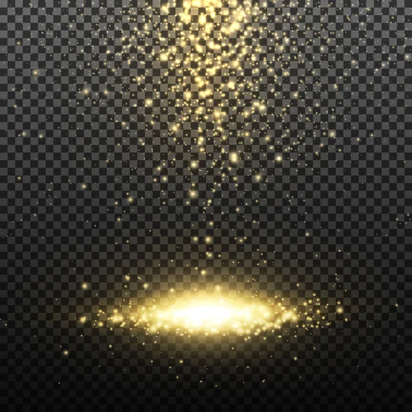 Gouden Glitter Deeltjes Lichten Effect Geïsoleerd Transparante Achtergrond Grafisch Concept — Stockvector