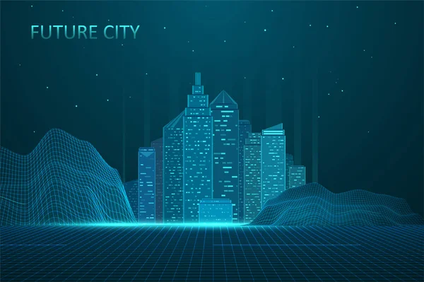 Illustrazione Dello Skyline Della Città Futura Rappresentazione Futuristica Della Rete — Vettoriale Stock