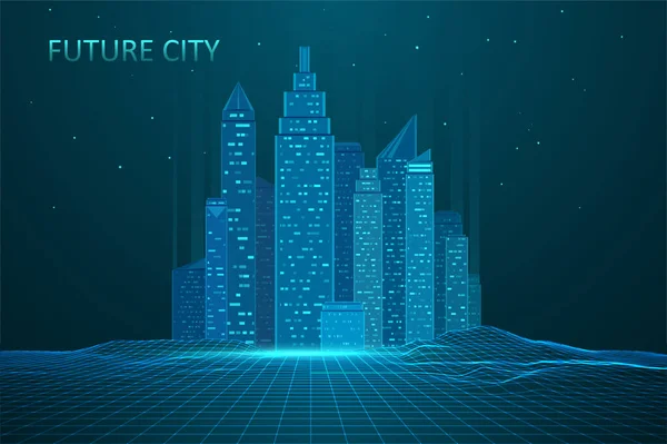 Illustrazione Dello Skyline Della Città Futura Rappresentazione Futuristica Della Rete — Vettoriale Stock