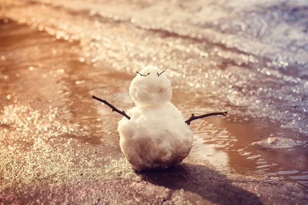 Bonhomme Neige Dans Fond Une Flaque Eau — Photo