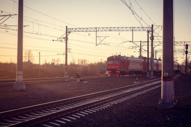 Rus tren. Rus Demiryolları. Demiryolu gün batımında bahar.