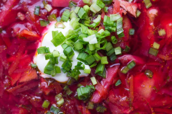 Bowl Borsch Sour Cream Onions — Stock Photo, Image