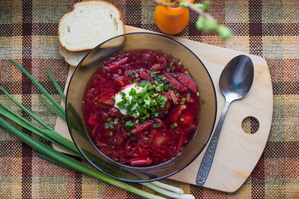 Bowl Borsch Sour Cream Onions — Stock Photo, Image