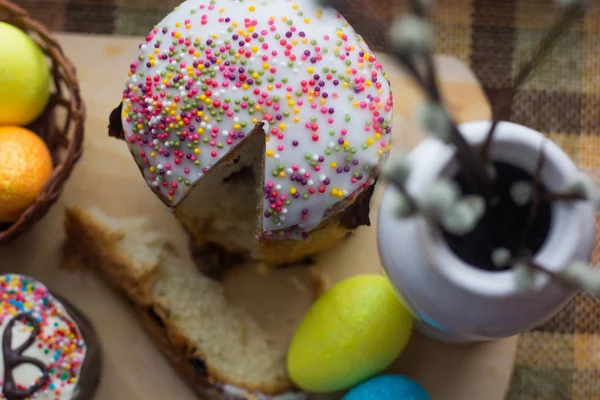 Easter cake and dyed eggs. Religious holiday - Easter.