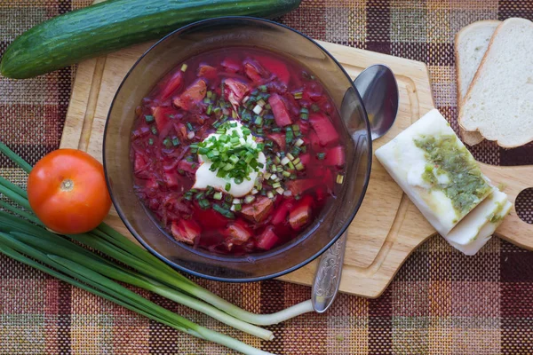 Bowl Borsch Sour Cream Onions — Stock Photo, Image