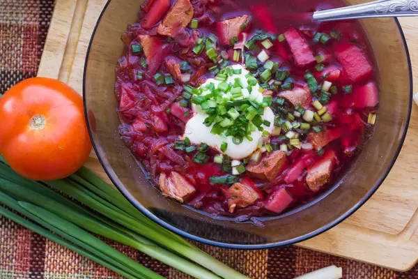 Bowl Borsch Sour Cream Onions — Stock Photo, Image