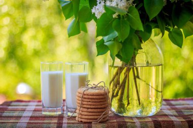 Birkaç kurabiye, bardak süt ve çiçekler