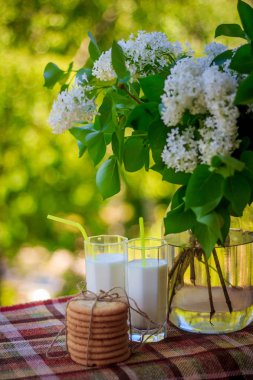 Birkaç kurabiye, bardak süt ve çiçekler