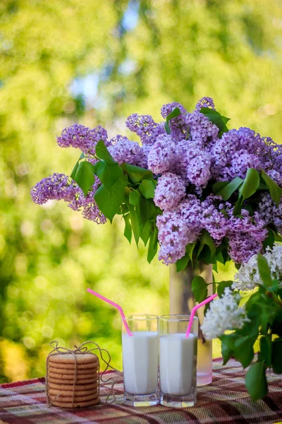 Birkaç kurabiye, bardak süt ve çiçekler