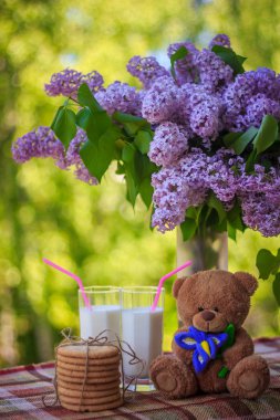 Bir sürü kurabiye, bardak süt ve çiçekler ve yumuşak bir oyuncak ayı.