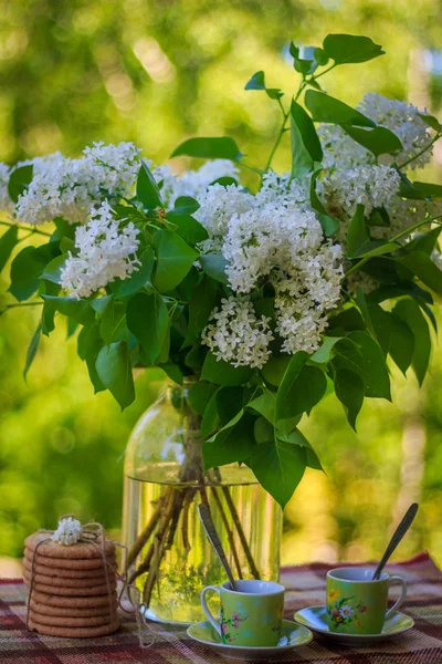 Bardak çay bisküvi ile bir Vazoda Çiçekler