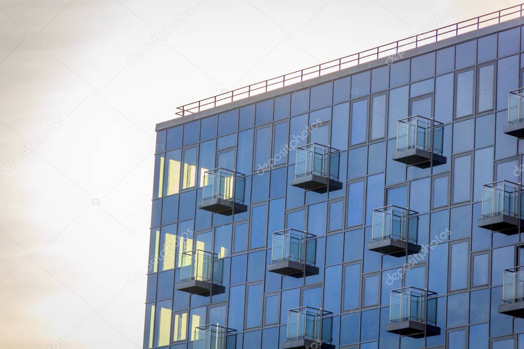 The windows of the blue business center. Large business center. The windows of the building. Blue Windows