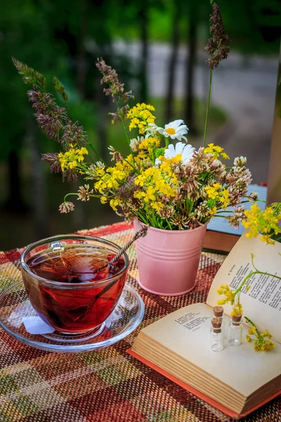 Cup Tea Wild Flowers Pink Iron Bucket — Stock Photo, Image