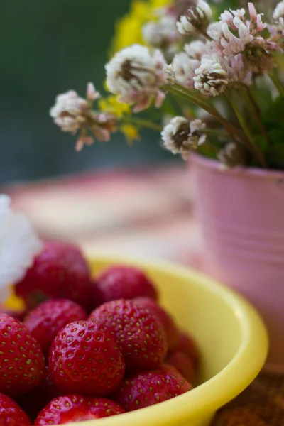 Plate Strawberries Wild Flowers — Stock Photo, Image