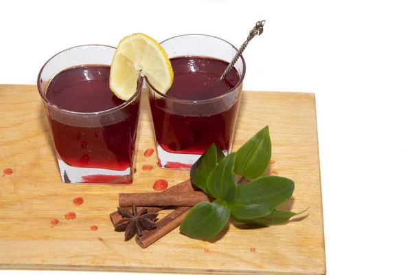 Jarabe Grosella Roja Vasos Sobre Una Tabla Madera Sobre Fondo — Foto de Stock