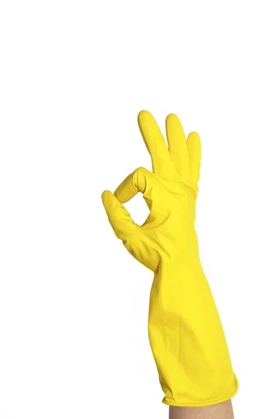 Projevem Žluté Gumové Rukavice Příprava Čištění Umytí Čisté Ruce Pískací — Stock fotografie